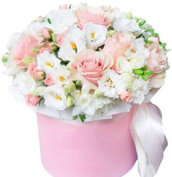 Композиція з білих еустом та рожевих троянд в коробці 1313-roseeustoma фото