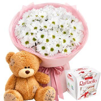 Bouquet with chrysanthemums, Raffaello and teddy bear